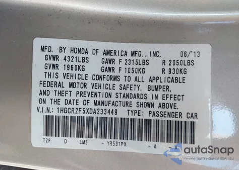 2013 Honda Accord Sport из США, поврежденный, VIN 1HGCR2F5XDA233449